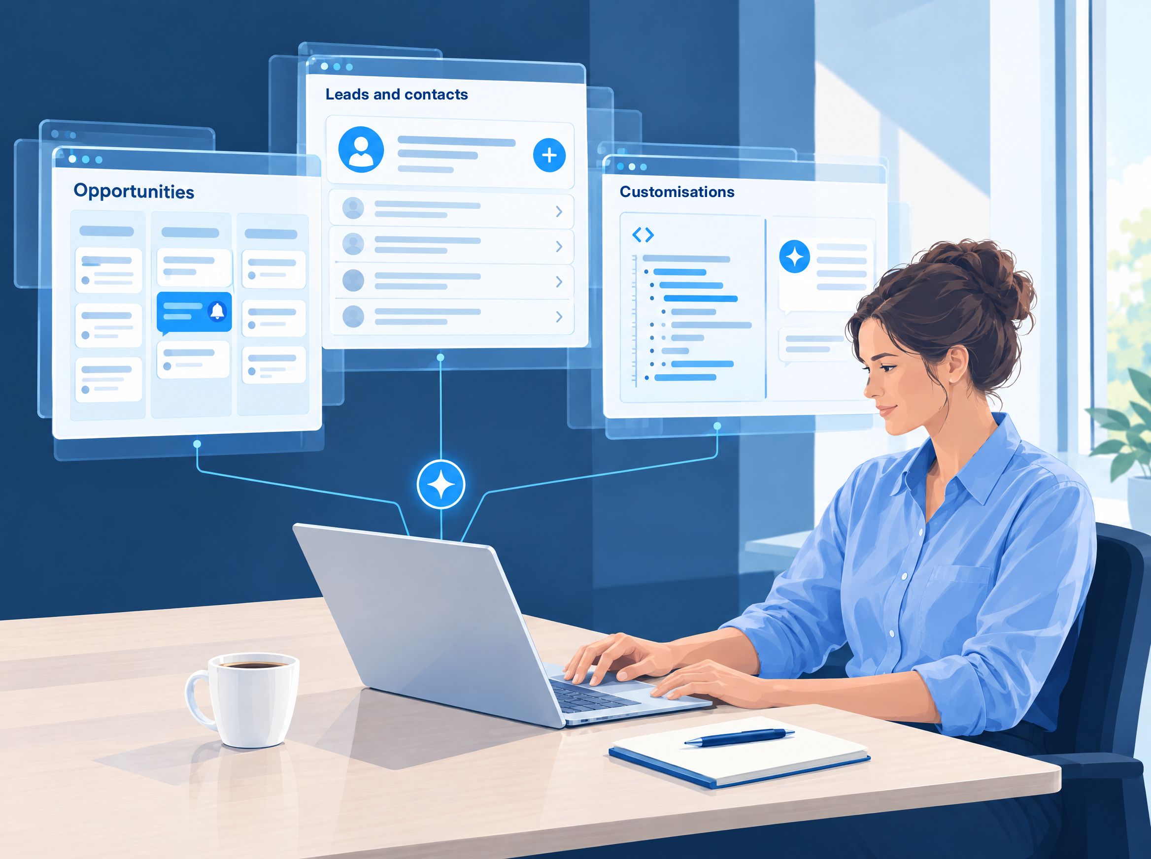 Illustration of how we use GoAgentic ourselves: for opportunities, the agent reminds us before they go stale. It creates leads for demos and new contacts. And with agents, we build CRM customisations faster.