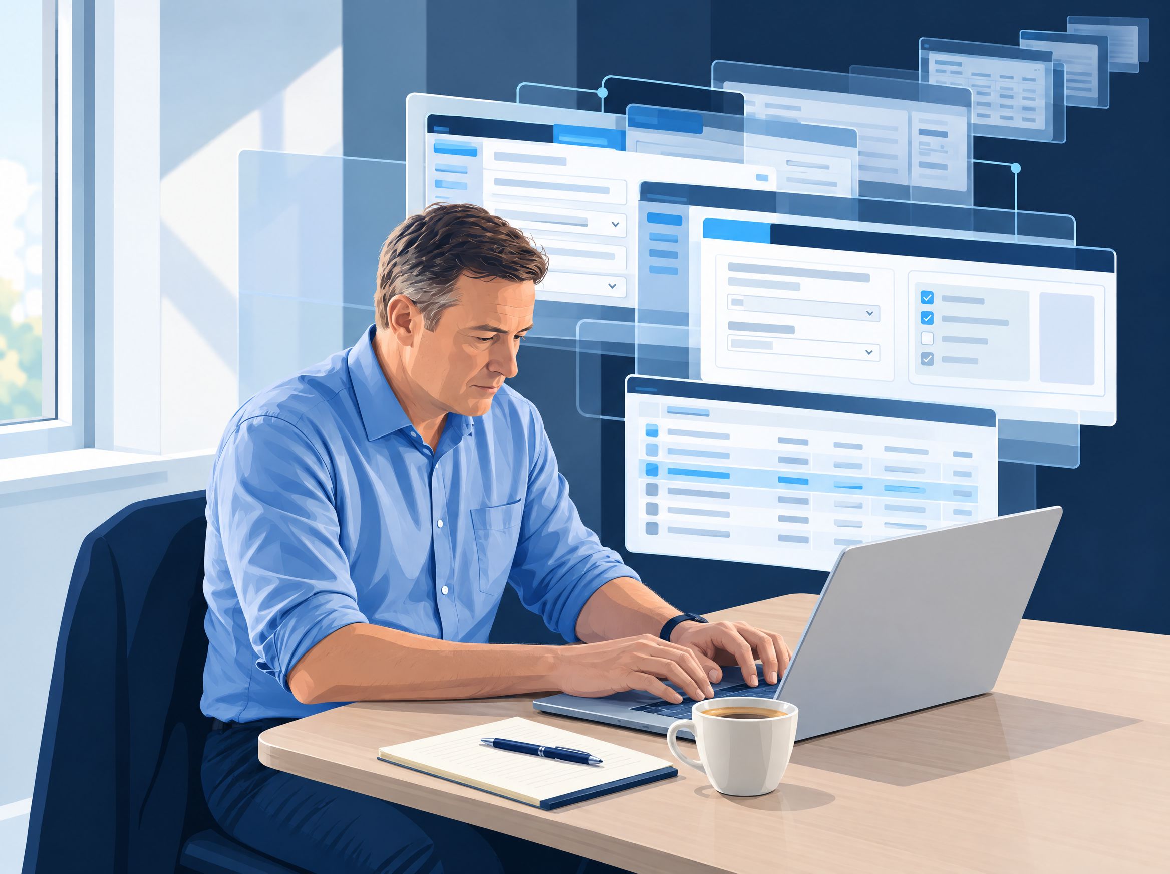 Illustration: after a customer meeting, a salesperson catches up on everything at his laptop, clicking through screen after screen of his CRM.