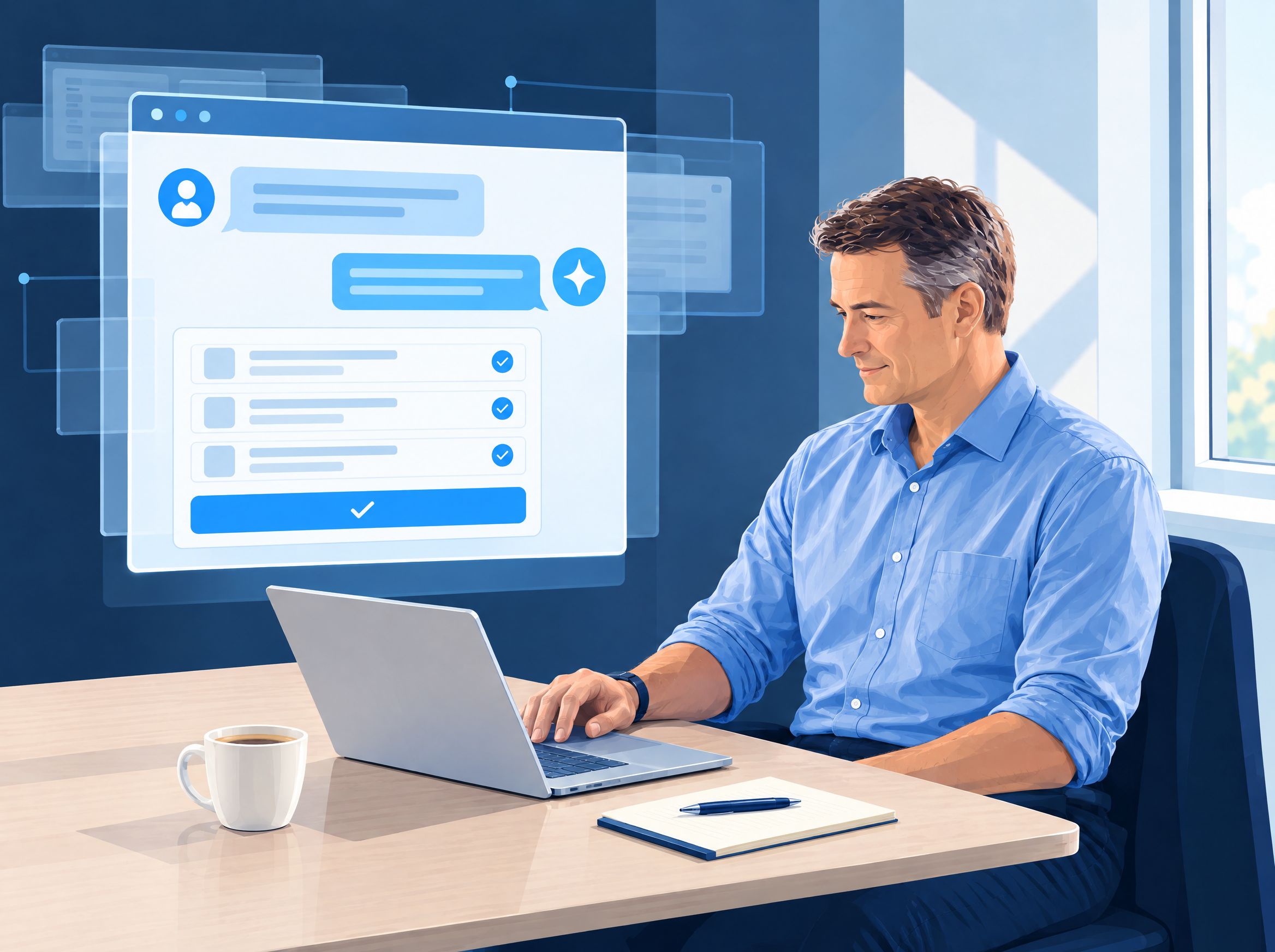 Illustration: the same salesperson writes to the agent in a chat. Instead of many screens, a prepared overview with an approve button is waiting for him.